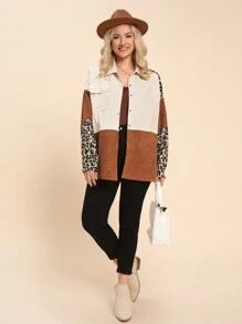 SHEIN LUNE Manteau décontracté en patchwork léopard grande taille pour l'automne et l'hiver, thermique pour les vacances - Multicolore - Voir 7