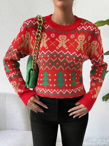 Chiquease 1 件女式姜饼人几何印花长袖休闲毛衣，秋冬季新年衣服 - 紅色 - 查看 5