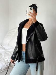 SHEIN EZwear 新款复古休闲黑色蓬松衬里宽松皮夹克，秋冬 - 黑色 - 查看 4