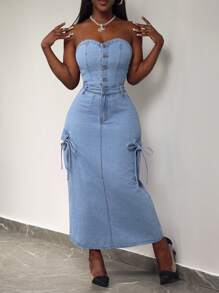 Slaydiva 女士时尚牛仔吊带背心连衣裙，后开衩纽扣，夏季 - 淺色水洗藍 - 查看 4