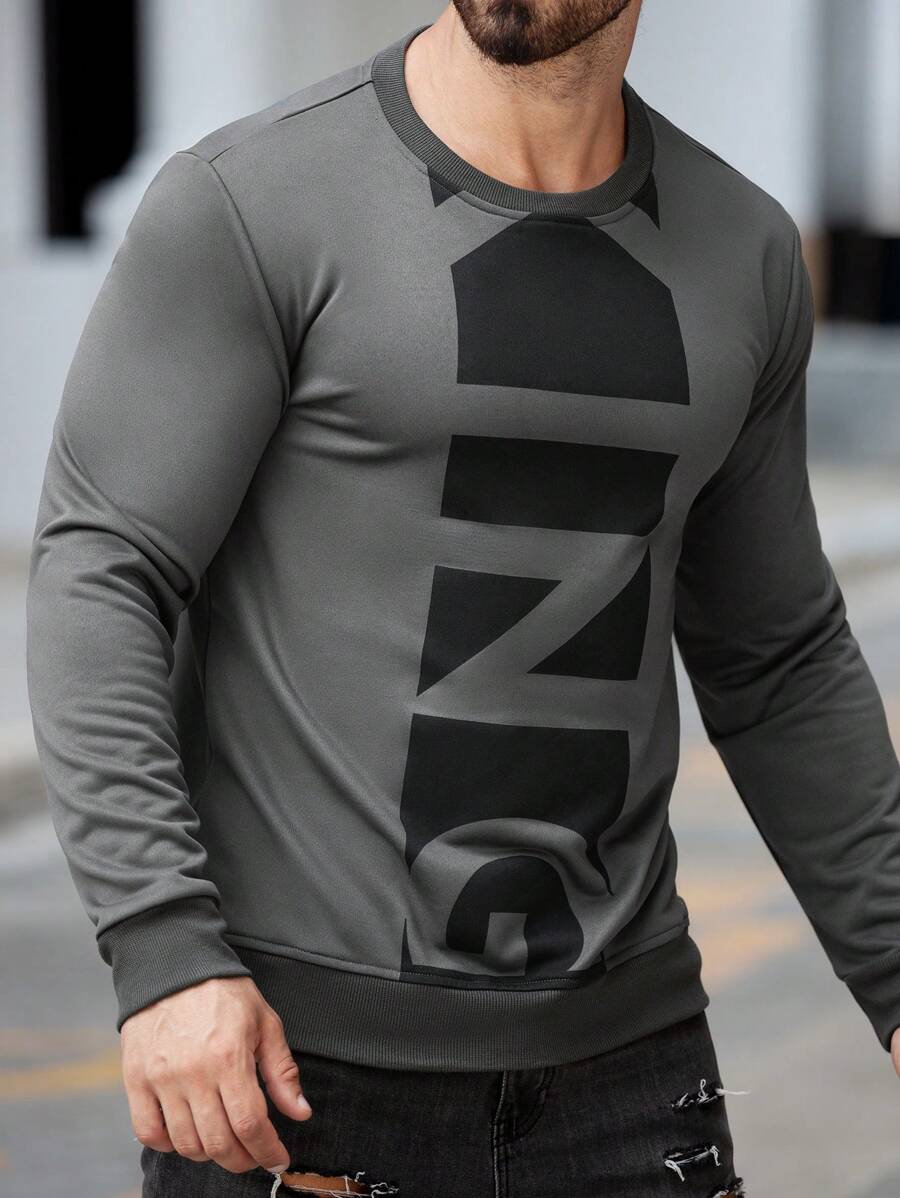 Manfinity Homme Men's Graphic Print Crew Neck Long Sleeve Sweatshirt, Casual Everyday Wear - Grey - View 1