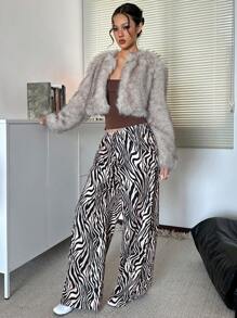 Aloruh Women Zebra Print Elastic Waist Front Tie Decoration Loose Wide Leg Pants - Black - View 8