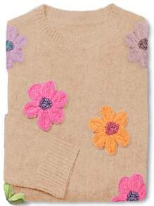 Chiquease 时尚柔美彩色3D花卉图案宽松休闲套头毛衣，适合秋冬季针织套头衫 - 杏色 - 查看 1