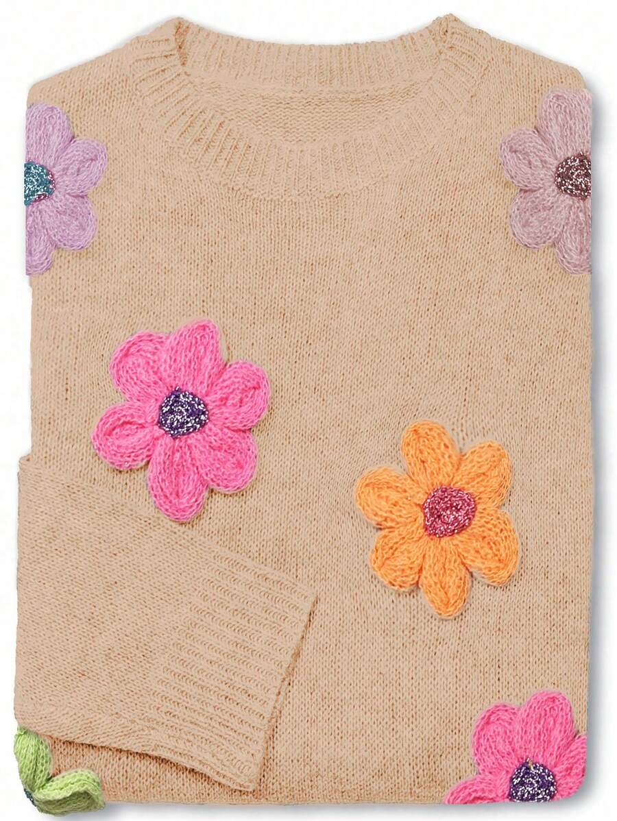 Chiquease 时尚柔美彩色3D花卉图案宽松休闲套头毛衣，适合秋冬季针织套头衫 - 杏色 - 查看 1