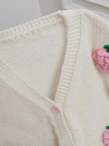 Aveloria Suéter cardigan suave y acogedor de punto holgado con diseño 3D romántico y lindo de fresas en escote en V
