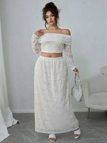 Flirla 2pcs/Set Plus Size Elegant Off Shoulder Cropped Top And Skirt, Autumn - White - View 5