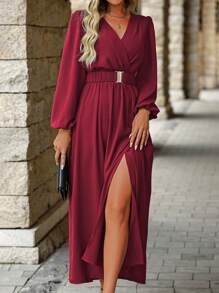 EMERY ROSE Elegancka sukienka damska w jednolitym kolorze z wysokim rozcięciem, jesienna bordowa sukienka maxi dla kobiet