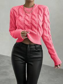Chiquease 1pc Women Casual Daily Wear Cable Knit Crew Neck Sweater, Autumn/Winter Knit Pullover Fall Outfit - Hot Pink - View 5