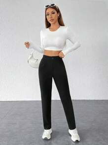 SHEIN PETITE 實心摺紋細節黑色褲子 - 黑色 - 查看 6