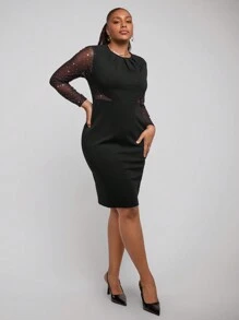 SHEIN Clasi Vestido elegante de manga larga con aplicaciones y patchwork, para tallas grandes, para otoño/invierno