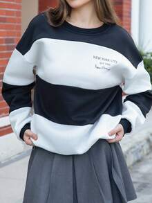 INAWLY 女款标语图案条纹拼色圆领长袖运动衫 - 黑與白 - 查看 3