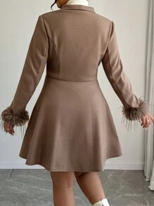 SHEIN Unity Plus Size Elegant Wool Blend Belted Overcoat With Fluffy Cuffs, Autumn/Winter