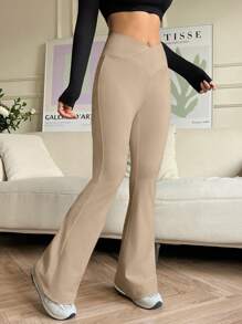 SHEIN EZwear 休闲简约纯色交叉 V 形腰带喇叭裤 - 卡其色 - 查看 4
