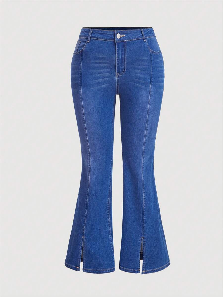 SHEIN MOD 大码女式牛仔裤，紧身喇叭裤腿，前开衩，休闲 - 深色水洗藍 - 查看 1