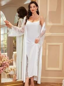 2pcs Set: Sexy High Slit Dress + Elegant Robe For Women, Autumn/Winter Sleepwear, Vacation