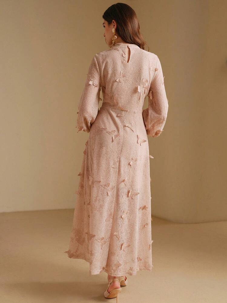Vintage Elegant Hollow Lace Embroidered Butterfly Round Neck Lantern Sleeve Tiered Waist Midi Dress, Autumn Maxi Women Outfit