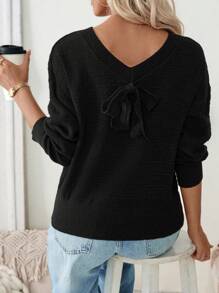 Calvaya Women Casual Everyday Bowknot Embellished Drop Shoulder Sweater, Autumn/Winter