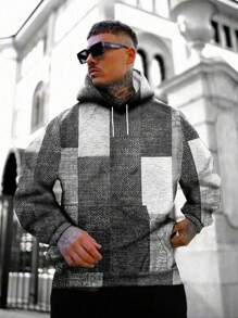 Men's Geometric Print Long Sleeve Drawstring Hooded Casual Sweatshirt, Autumn - Black and White - View 1