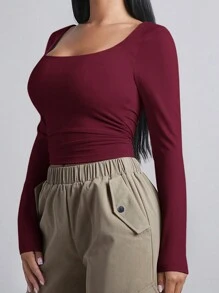 SHEIN BAE Áo thun nữ tay dài hở vai màu trơn vừa vặn, mùa thu - Màu Đỏ Sâu - Xem 3