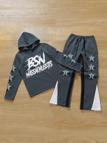 Manfinity Roghcode 2pcs Men Sports Casual Letter & Star Print Hooded Sweatshirt & Pants Set, Autumn - Multicolor - View 3