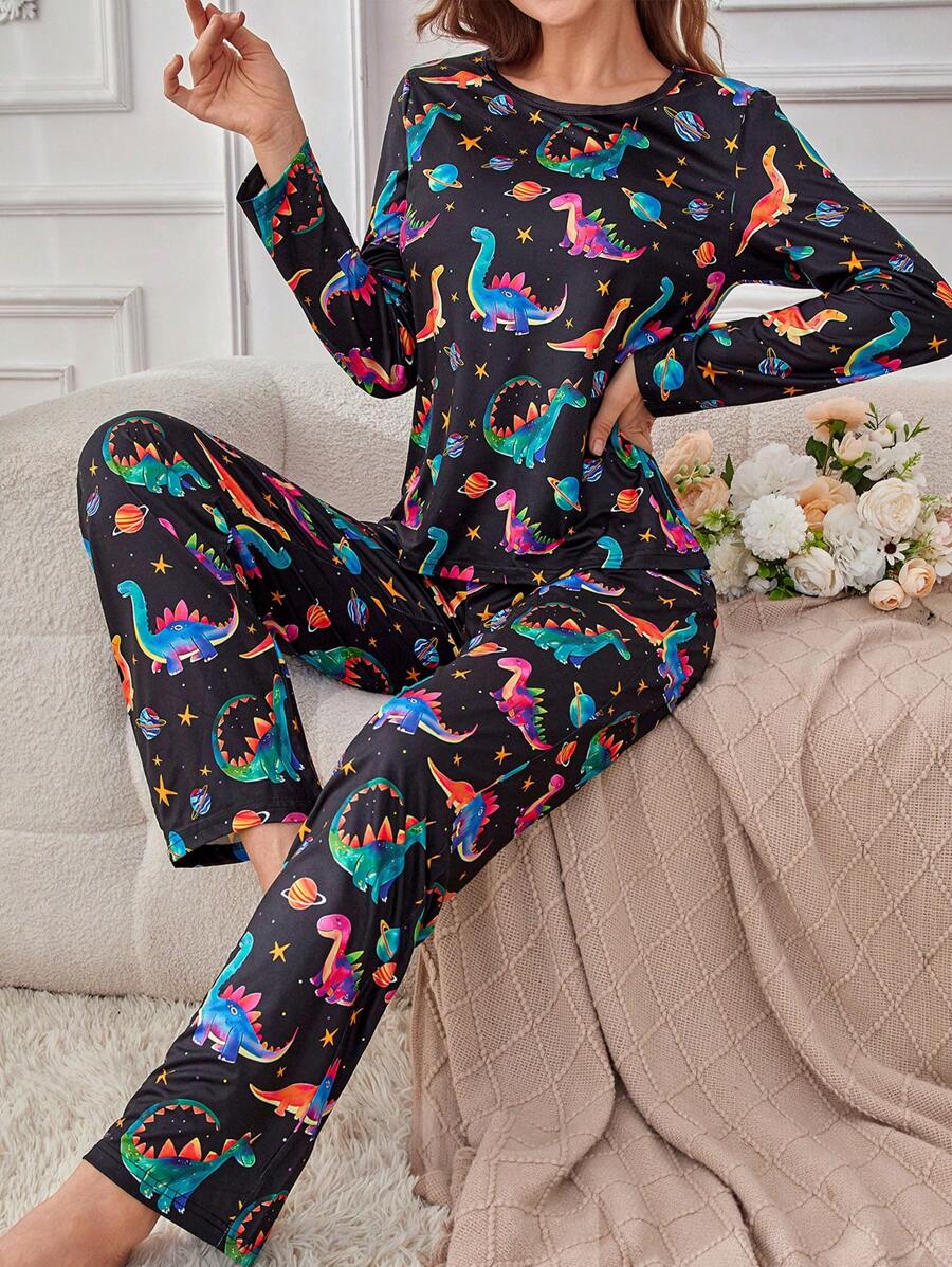 SHEIN Set Piyama Wanita Gaya INS Motif Dinosaurus Lucu di Seluruh Permukaan, Pakaian Musim Gugur dan Musim Dingin dengan Detail Nyaman dan Elegan - MultiWarna - View 1