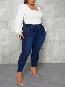 SHEIN CURVE+ 大码纯色紧身口袋休闲百搭牛仔裤