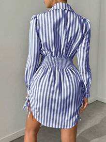 BamGleam Vestido camisero con cintura ceñida a los laterales y rayas - Azul Marino - Ver 2