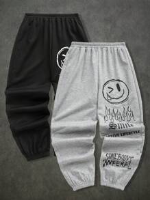 SHEIN Quần dài rút dây họa tiết chữ đơn giản rộng rãi cho bé trai 2 món/bộ - Nhiều màu - Xem 1