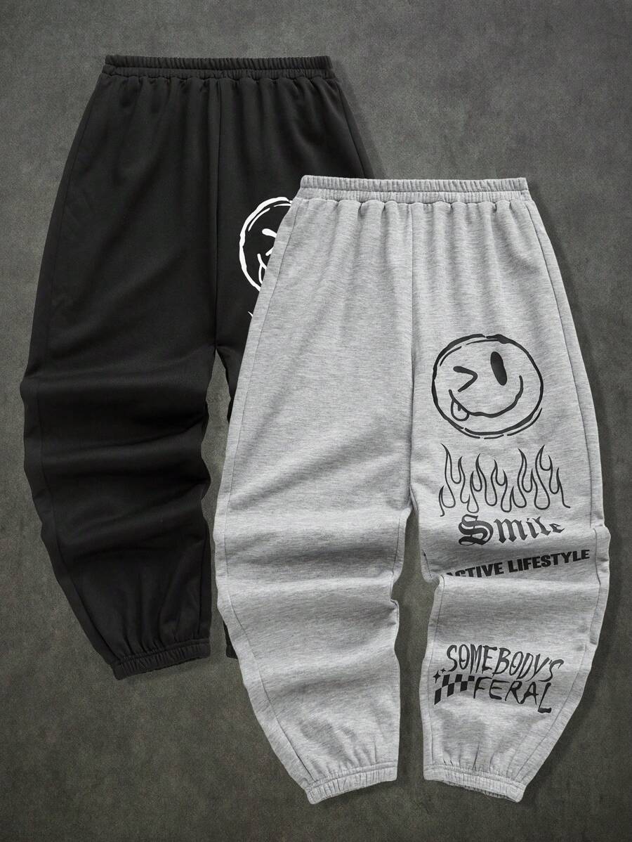 SHEIN Quần dài rút dây họa tiết chữ đơn giản rộng rãi cho bé trai 2 món/bộ - Nhiều màu - Xem 1