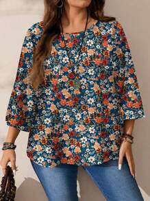 EMERY ROSE Camisa holgada de talla grande para mujer con impresión completa, cuello redondo y manga 3/4, para otoño/invierno - Albaricoque - Ver 2