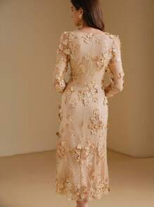 Anewsta Elegant Handmade 3D Floral Women Long Dress, Suitable For Party, New Year Eve And New Year Celebration - Apricot - View 5