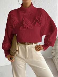 Chiquease Casual High Neck Sweater With 3D Flower Design, For Autumn/Winter Everyday Wear Knit Pullover Fall - Burgundy - View 3
