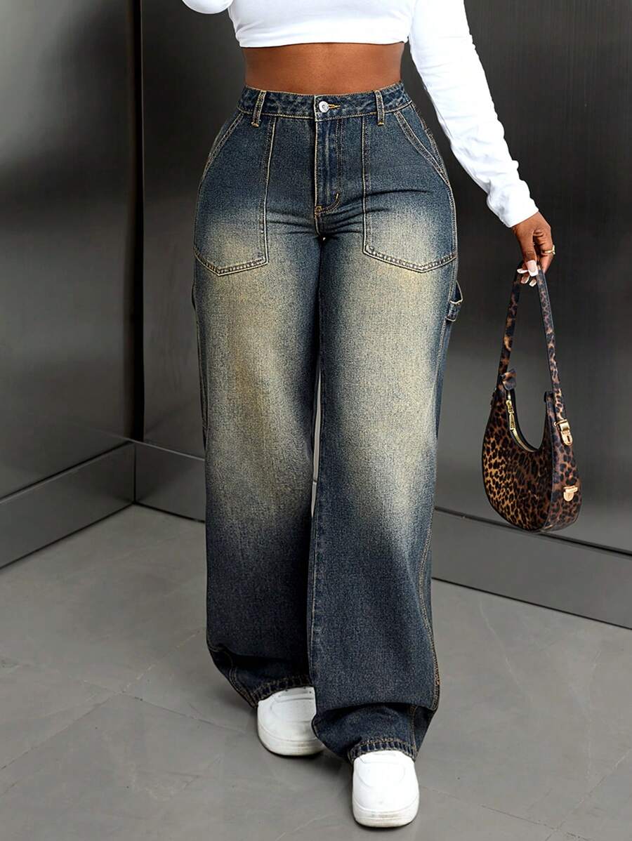 SHEIN Slayr Women's Casual Loose Fit Straight Leg Jeans With Large Pockets - Blue - View 1