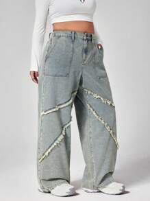 SHEIN ICON Plus Size Women Fashionable Loose Fringed Distressed Wash Denim Jeans