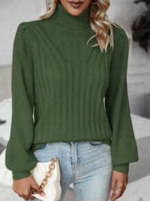 SHEIN LUNE Women Solid Color Turtleneck Long Sleeve Casual Loose Knit Sweater, Autumn/Winter Knit Pullover Fall - Army Green - View 3