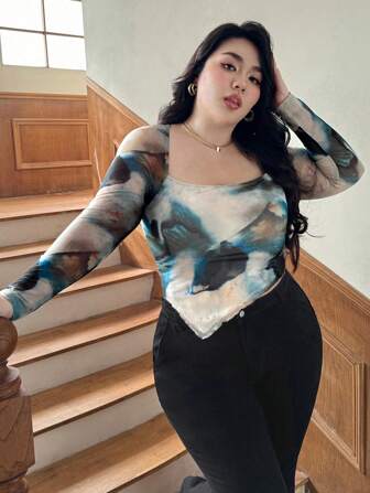 SHEIN Privé 大码女式网眼印花优雅不对称下摆长袖 T 恤，多色，适合旅行、度假和外出，春夏季