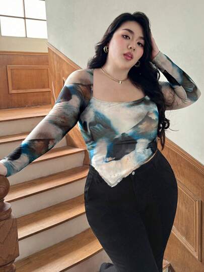SHEIN Privé Plus Size Women Mesh Printing Elegant Asymmetrical Hem Long Sleeve T-Shirt, Multi-Color, Suitable For Travel, Vacation And Outings, Spring/Summer