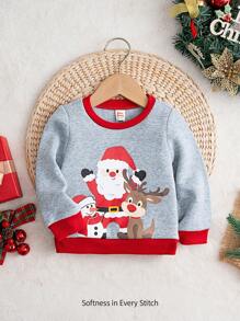 Cozy Pixies Baby Boy Christmas Pattern Colorblock Crew Neck Long Sleeve Pullover Sweatshirt - Grey - View 1