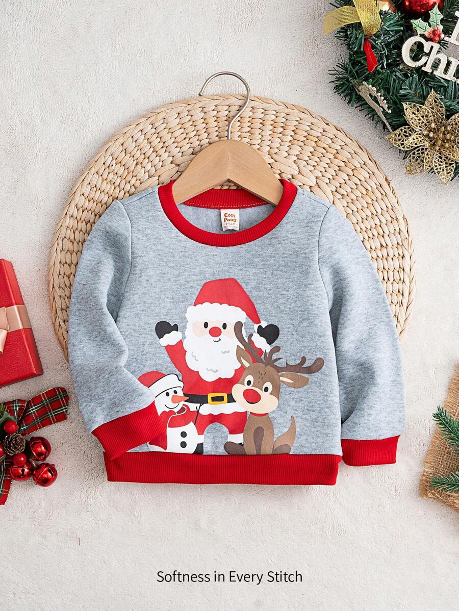 Cozy Pixies Baby Boy Christmas Pattern Colorblock Crew Neck Long Sleeve Pullover Sweatshirt - Grey - View 1