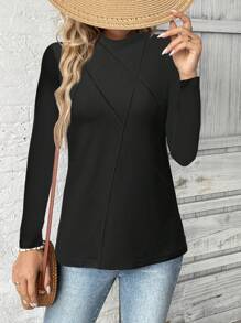 SHEIN LUNE 女士纯色立领简约条纹长袖针织 T 恤 - 黑色 - 查看 4