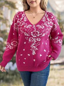 SHEIN LUNE 大码撞色图案毛衣，春秋针织套头衫，秋冬款 - 玫紅色 - 查看 5