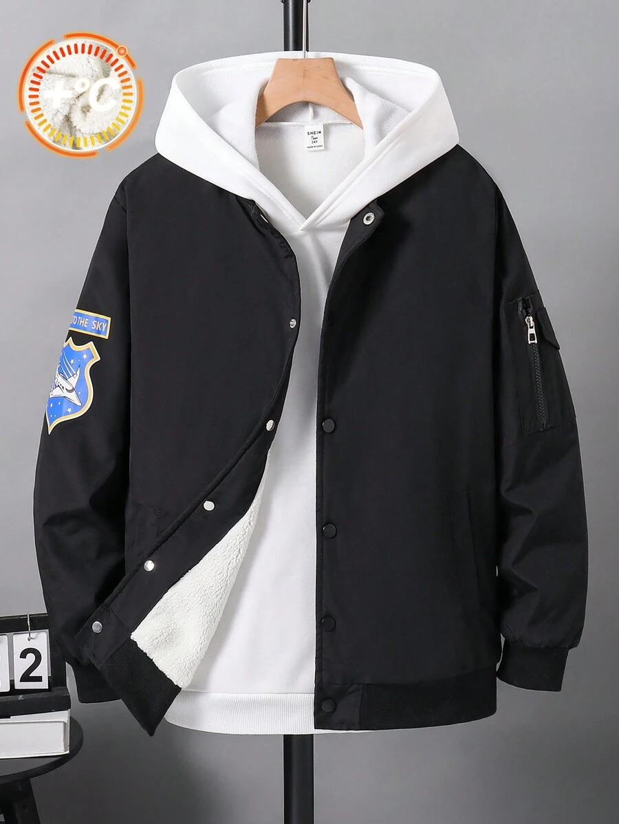 SHEIN Teen Boys Thickened Thermal Lined Outdoor Sports Fashionable Pilot Jacket, Windproof Multi-Pocket Bomber Jacket For Winter