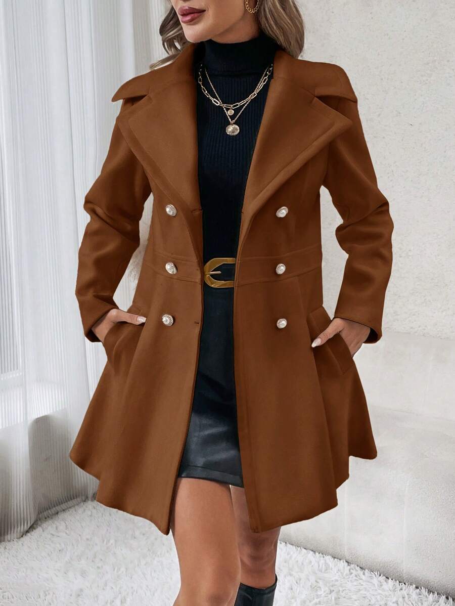 SHEIN Clasi Women's Solid Color Button-Up Front Long Sleeve Pocket Casual Jacket - Coffee Brown - View 1