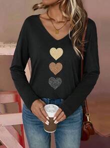 EMERY ROSE Casual Minimalistisch Kleurrijk Hartvormig Kunstgoudfolie V-hals T-shirt met Lange Mouwen voor Dames, Geschikt voor Herfst en Winter