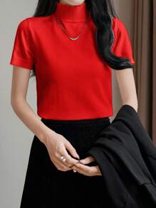 SHEIN LUNE 女士纯色高领短袖休闲上衣，简约新年服装 - 紅色 - 查看 1