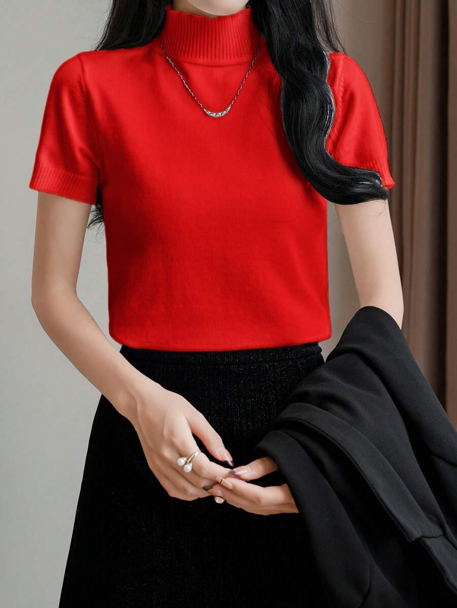 SHEIN LUNE 女士纯色高领短袖休闲上衣，简约新年服装 - 紅色 - 查看 1