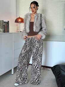 Aloruh Women Zebra Print Elastic Waist Front Tie Decoration Loose Wide Leg Pants - Black - View 10