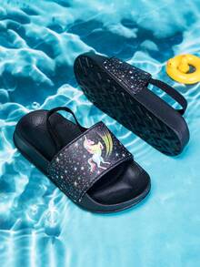 1 Par de Sandálias Rasteiras Macias e Confortáveis para Meninas Pequenas, Estampa de Unicórnio e Estrela Cartoon, Primavera/Verão