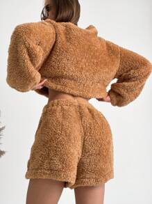 Aloruh Bộ 2 áo nỉ và quần short nữ trang phục ấm áp cơ bản, mùa thu/đông - Màu Khaki - Xem 1