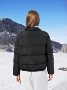 SHEIN EZwear Women's Casual Letter Print Feathers& Down Jacket For Winter - Black - View 2